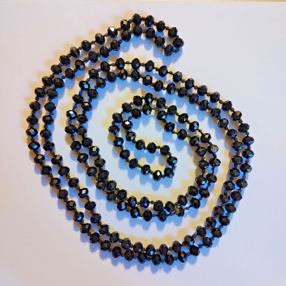 VTG Style Southern Seoul Sparkling Black Faceted Crystal Beaded 64" Necklace NEW
